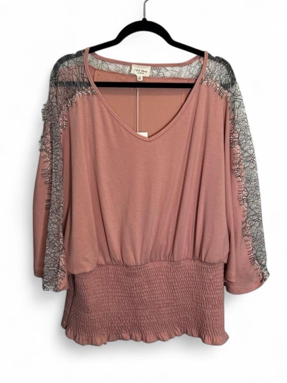 V-Neck Lace-Trim Smocked Hem Top